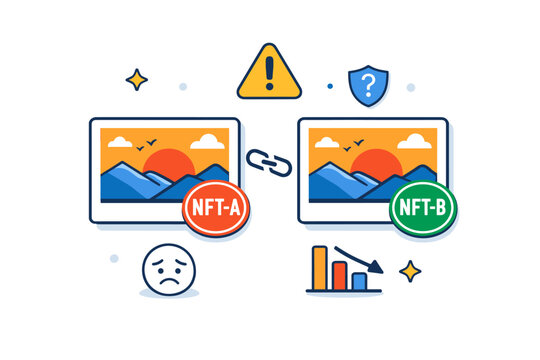 NFT plagiarism concern captured by two identical artworks stamped with different token marks, emphasizing duplication, trust issues, and market credibility