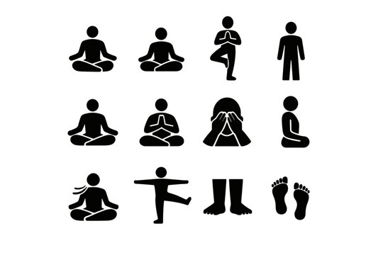 Yoga Poses for Focus. Solid icon set of Yoga Poses for Focus: lotus pose, seated meditation, tree pose, eagle pose, mountain pose, easy pose, prayer hands,