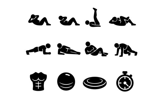 Core Tabata. Solid icon set of Core Tabata: sit ups, crunches, leg raises, bicycle crunch, plank hold, side plank, russian twist, mountain climber, core muscle