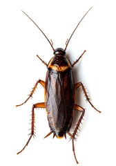 Detailed studio photograph of a common household insect pest, often called a roach, appearing isolated against a bright white seamless background ,single ,white background ,problem