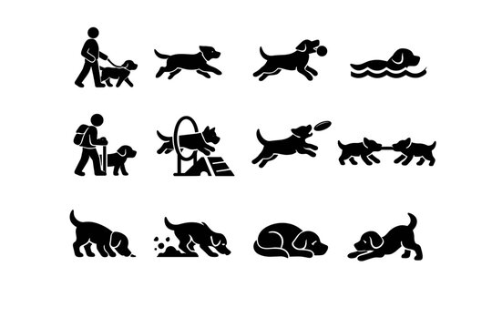 Dog Activities. Solid icon set of Dog Activities: dog walking, dog running, dog playing fetch, dog swimming, dog hiking, dog agility course, dog frisbee catch,