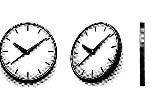 Wall clock analog ? round minimalist wall clock with slim bezel and simple hour markers, shown in frontal view, slight angled view, and side profile to define