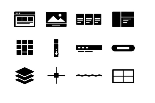 Web Layout Composition. Solid icon set of Web Layout Composition: webpage wireframe, hero section block, content cards, sidebar layout, responsive grid, scroll