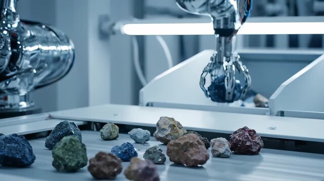 Robotic Precision: A close-up shot of a metallic robot arm meticulously selecting a specimen on a laboratory bench, illuminating the intricate details of science and technology. 
