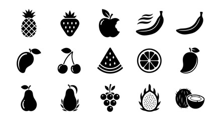 Collection of 15 unique black fruit icons arranged in a clean square grid layout.