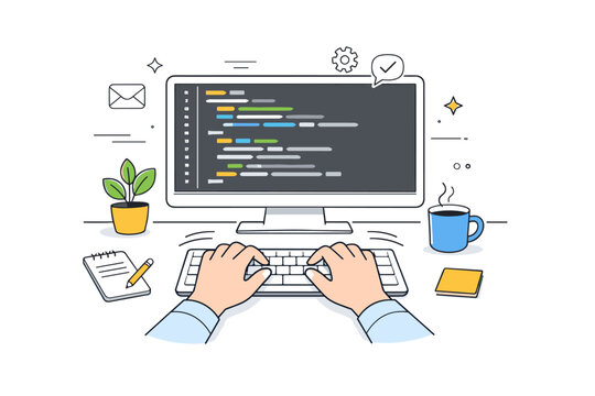 Writing code. A minimalist editorial scene showing hands typing on a keyboard with code lines on screen, conveying productivity and focus. Gentle motion lines,