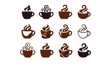 Obraz premium Hot beverages (tea, coffee, cocoa). Icon set. Set Logo of hot beverages (tea, coffee, cocoa): cocoa mug with steam swirl. harmonious logo variations of the