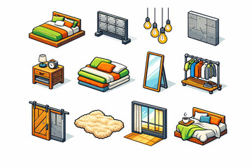 Urban Loft Bedroom. Colorful isometric vector icons set of urban loft bedroom: platform bed, industrial headboard, hanging bulb lights, concrete wall, bedside © Влада Яковенко