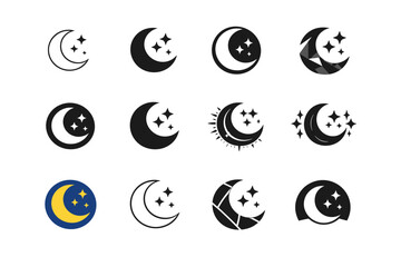 Astronomy and stargazing. Icon set. Set Logo of astronomy and stargazing: crescent moon and stars. harmonious logo variations of the same emblematic concept,