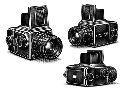 Film camera ? medium format camera with boxy body, waist-level finder, and prominent lens assembly. Black and white dot style with halftone texture and high