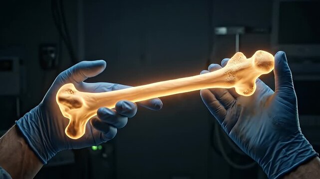 Glowing Bone Held by Gloved Hands.