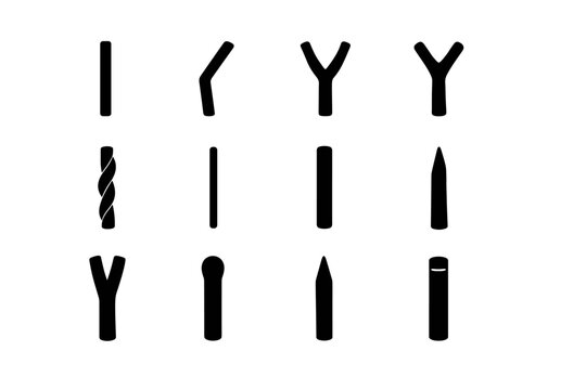 Stick Shapes. Solid icon set of Stick Shapes: straight stick, bent stick, forked stick, Y-shaped stick, twisted stick, thin stick, thick stick, tapered stick,