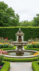 A beautiful, formal garden with a large stone water fountain positioned right in the center, surrounded by lush green foliage and flowering shrubs, perennial, focus, central