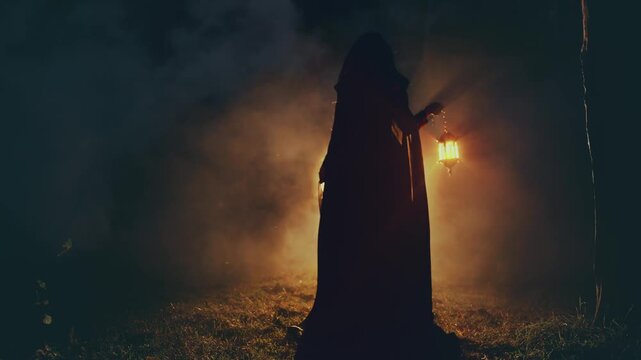 silhouette gothic person woman walking in dark dense fog forest hands hold lantern lamp mystical way night nature. long black dress cape hood victorian medieval style back rear view. Fantasy girl elf.