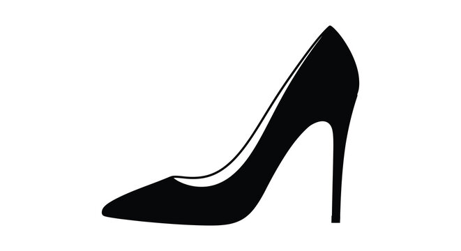 A sleek black high heeled shoe is shown in a minimalist isolated silhouette high quality professional detailed