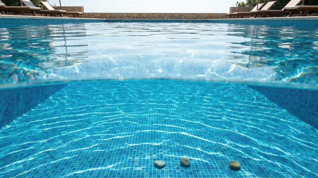 Half underwater view of a swimming pool with lounge chairs in the background. Concept of summer vacation and relaxation for travel and leisure.