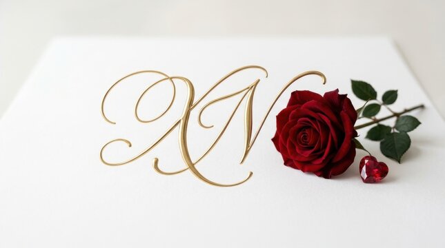 Gold Cursive XN Initials Beside Red Rose And Gem