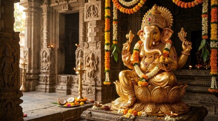 Fototapeta premium Ornate golden Ganesha statue in ancient stone temple