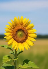 Fototapeta premium A vibrant single sunflower stands tall in the summer field, captured in bright daylight with rich yellow petals and strong natural detail, macro, vibrant color, vibrant