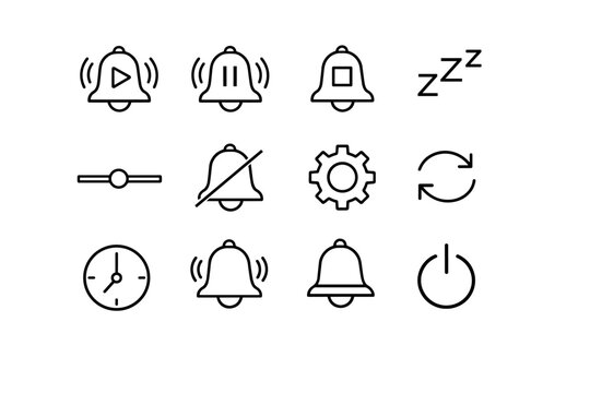 Alarm Controls. Line icon set of Alarm Controls: play alarm, pause alarm, stop alarm, snooze icon, volume slider, mute bell, settings gear, repeat arrows, time