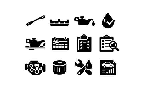 Oil Check Chart. Solid icon set of Oil Check Chart: oil dipstick, engine oil level gauge, oil pressure warning, oil drop with checkmark, car dashboard oil