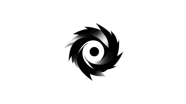 A grayscale circular design with sharp, pointed elements radiating from a central black dot