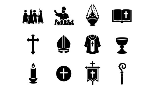 Papal Ceremony. Solid icon set of Papal Ceremony: papal procession, pope blessing crowd, incense censer, liturgical book, ceremonial cross, bishop mitre, papal