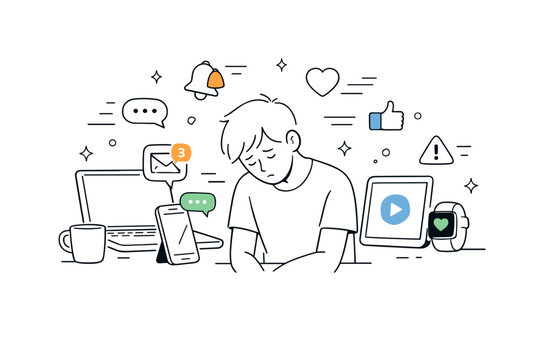 Screen overload. Multiple devices surrounding a person with slightly slumped posture, notifications and icons drifting away. Quiet moment of mental fatigue and