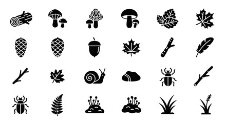 Collection of black icons representing various flora and fauna elements on a plain background from a direct viewpoint © John