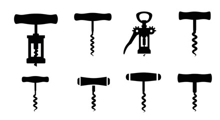 Assortment of wine corkscrew silhouettes on a clean white background from a straightforward viewpoint