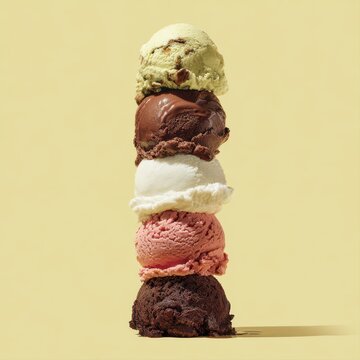 A delicious and colorful stack of five different ice cream scoops stands tall against a subtle light yellow backdrop, showcasing delightful dessert variety.