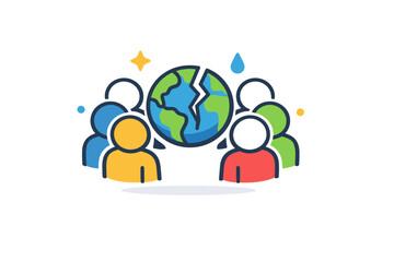 Collective eco grief represented by simplified people icons gathered around a cracked Earth symbol, communicating shared concern, empathy, and communal