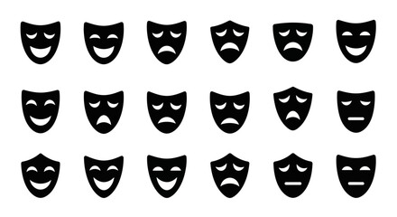 Collection of black theater masks representing various emotions displayed on a plain white background