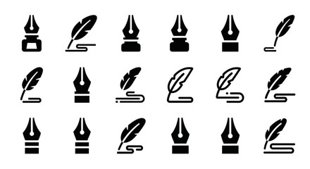 Collection of various feather quill pen icons on a clean white background © John