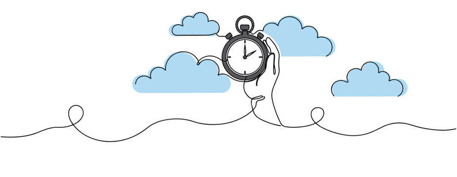 Hand holding stopwatch indicating time in cloud background. no editable stroke