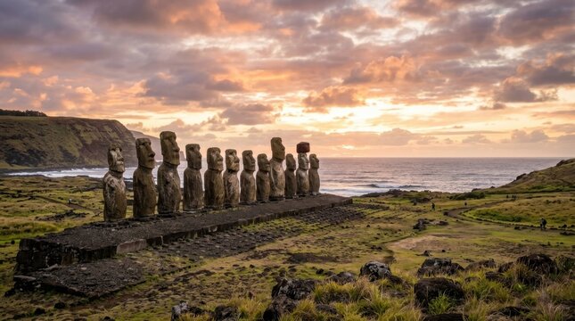 Moai statues on Rapa Nui coastline at sunset