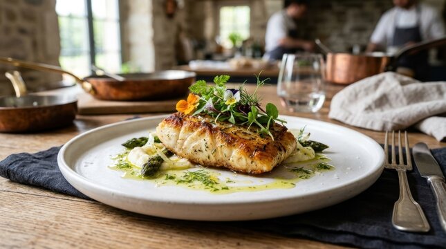 Gourmet monkfish dish with herbs on white plate