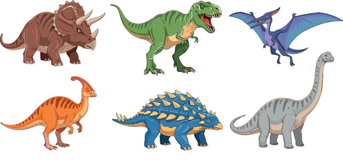 Colorful Dinosaur Cartoon Character Set with Tyrannosaurus Triceratops Pterodactyl Ankylosaurus Parasaurolophus and Brachiosaurus Prehistoric Animals Vector Illustration Collection © msttaniyaakter