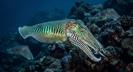 Broadclub Cuttlefish Sepia latimanus Swimming over Coral Reef in Tropical Ocean