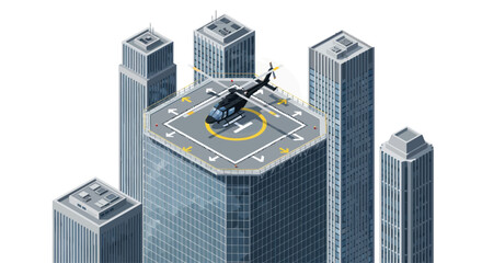 Helicopter landing pad on skyscraper rooftop with modern city buildings background © Ani