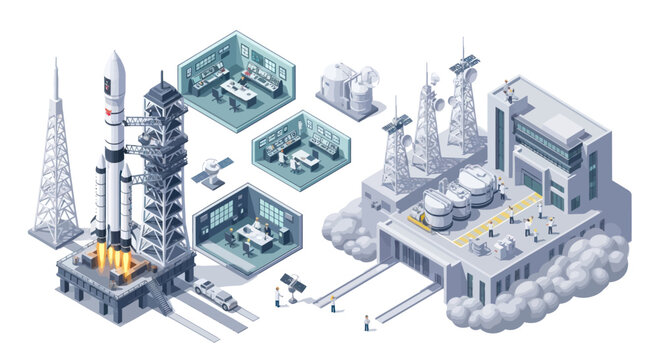 Space Rocket Launch Pad and Mission Control isometric illustration