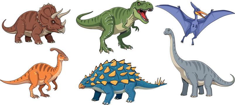Dinosaur collection vector illustration featuring triceratops, tyrannosaurus, pterodactyl, brachiosaurus and ankylosaurus in colorful cartoon prehistoric animal set