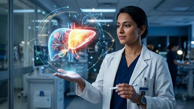 Female Scientist Examining Holographic Human Liver.