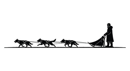 A silhouetted image depicts a musher leading a team of five huskies pulling a sled © arfanah02