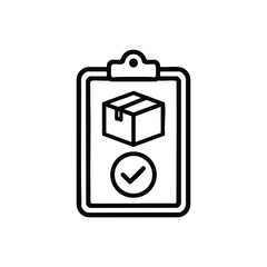 Black and white logistics checklist icon with parcel box and approved delivery sign on clipboard
