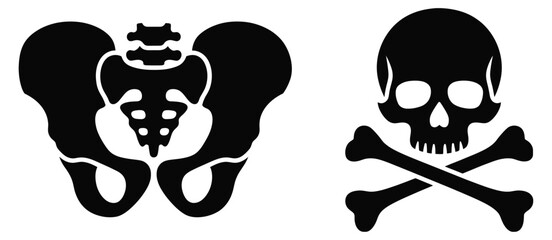 Black and white icon depicting a fractured human pelvis next to a skull and crossbones symbol, medical danger warning concept