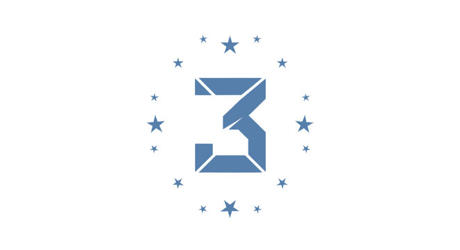 Blue number three icon surrounded by stars on white background.
