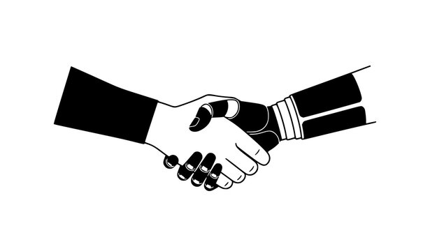 Human and robot handshake silhouette vector artificial intelligence partnership concept isolated on white background