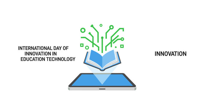 International Day of Innovation in Education Technology logo with open book and laptop.