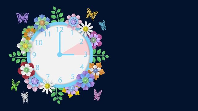 spring forward animated background with paer clock, flowers and butterflies